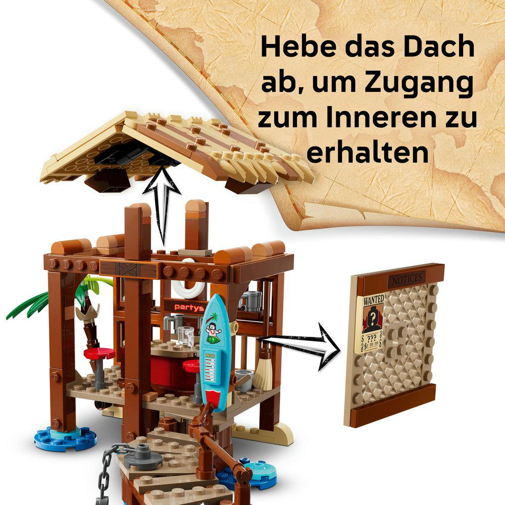 Eine Lego-Strandbar mit abnehmbarem Dach. Sie hat eine Bar mit Surfbrett, einem Fahndungsplakat und einer Palme.