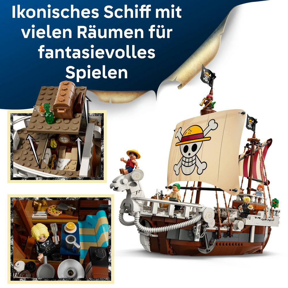 Ein Lego-Piratenschiff mit Totenkopf-Segel, Figuren an Deck und detailliertem Innenraum. Das Schiff ist braun und weiß.