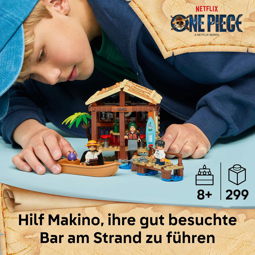 Ein Junge spielt mit einem One Piece Lego-Set, das eine Strandbar mit Figuren und einem Boot zeigt. Das Netflix-Logo oben.
