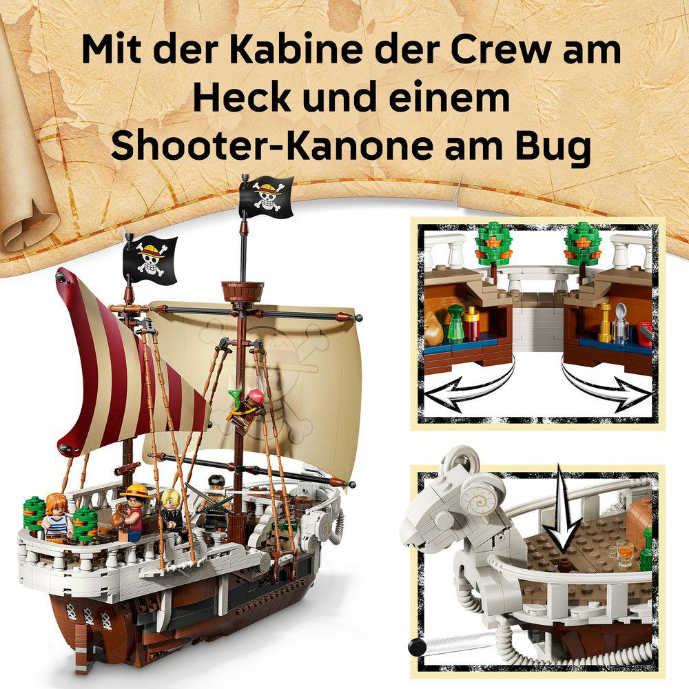 Ein Spielzeug-Piratenschiff mit Segeln, Flaggen und Figuren. Zu den Merkmalen gehören eine Kanone, eine Mannschaftskabine und Details wie Takelage.