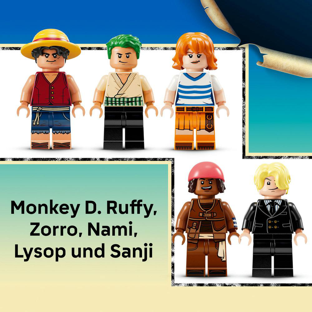 LEGO-Figuren von Monkey D. Luffy, Zorro, Nami, Lysop und Sanji. Die Figuren sind in verschiedenen Farben mit Details wie Hüten und Kleidung.
