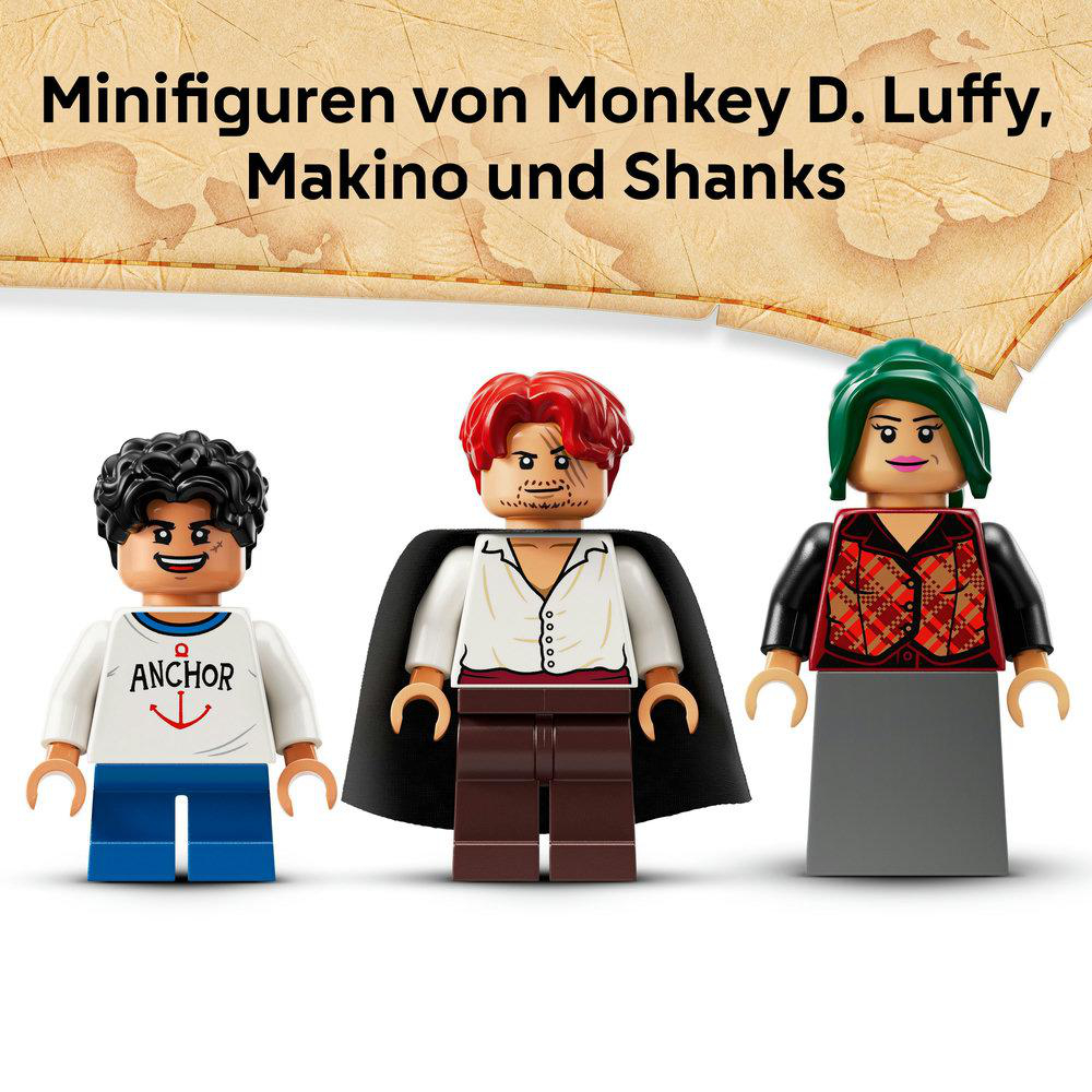 Drei Lego-Minifiguren: Ruffy, Shanks und Makino. Ruffy trägt ein weißes Hemd, Shanks hat rotes Haar und Umhang, Makino hat grünes Haar.