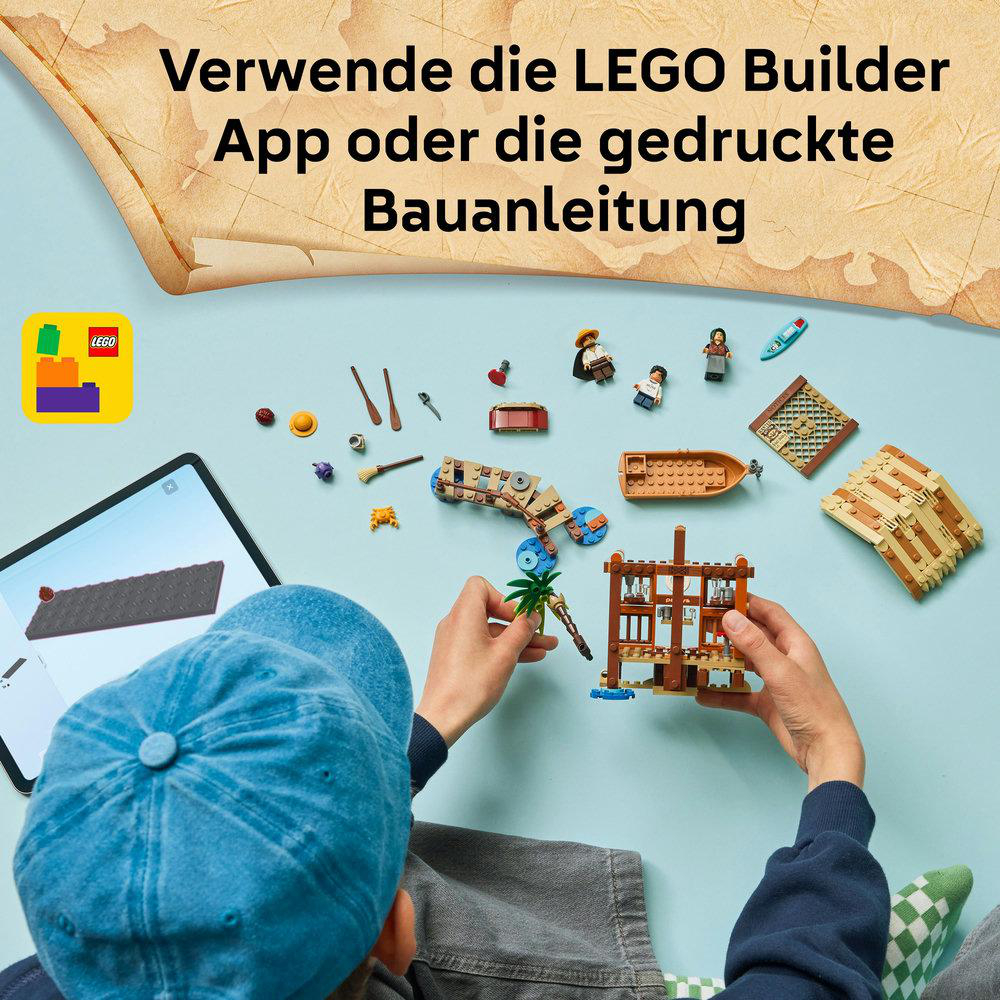 Eine Person baut mit einem Tablet und kleinen Teilen ein Lego-Set zusammen. Der Text oben lautet: 'Verwenden Sie die LEGO Builder App oder die gedruckte Anleitung'.