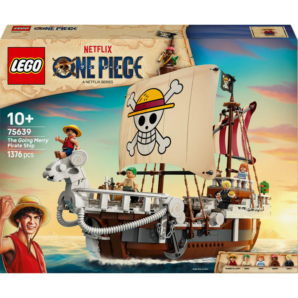 Lego One Piece Set. Das Piratenschiff Going Merry mit Figuren. Die Box zeigt Charaktere und Schiff. Weißes Segel mit Totenkopf und gekreuzten Knochen.