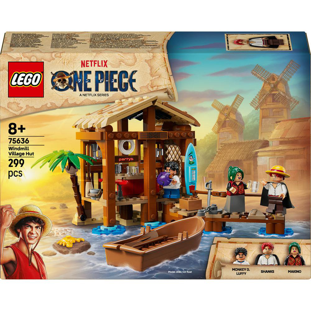 Lego One Piece Set zeigt eine Hütte, Figuren, ein Boot und Windmühlen. Charaktere sind Luffy, Shanks und Makino. Die Box zeigt das Netflix-Logo.