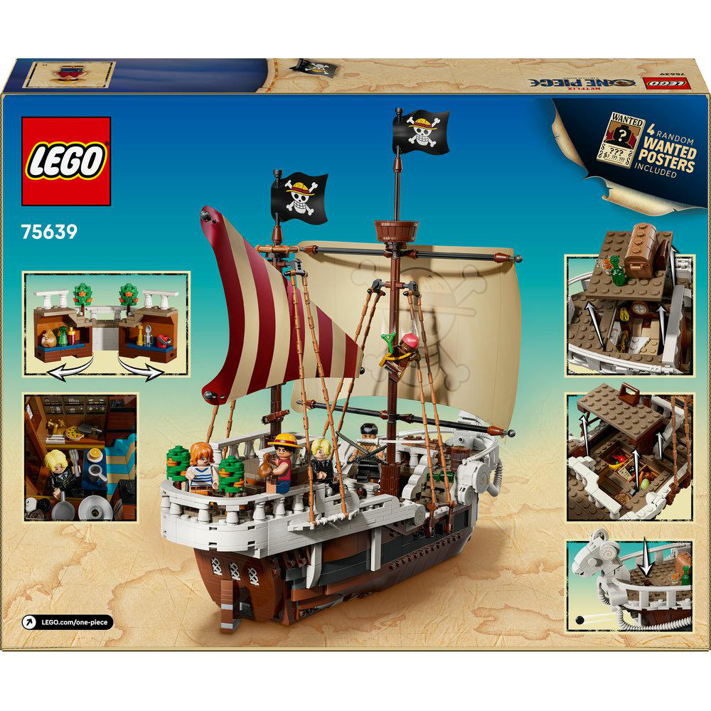 Lego-Set-Box mit einem Piratenschiff mit Segeln und Totenkopfflagge. Die Box hat das Lego- und One Piece-Logo.