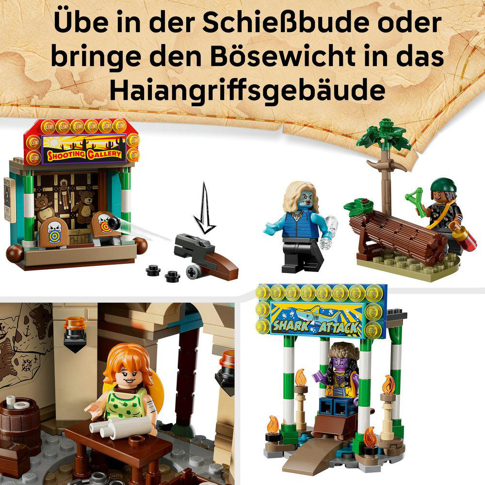 Lego-Set mit verschiedenen Minifiguren und Baustrukturen. Enthält eine Schießbude, eine Haiangriffs-Anzeige und andere thematische Elemente.
