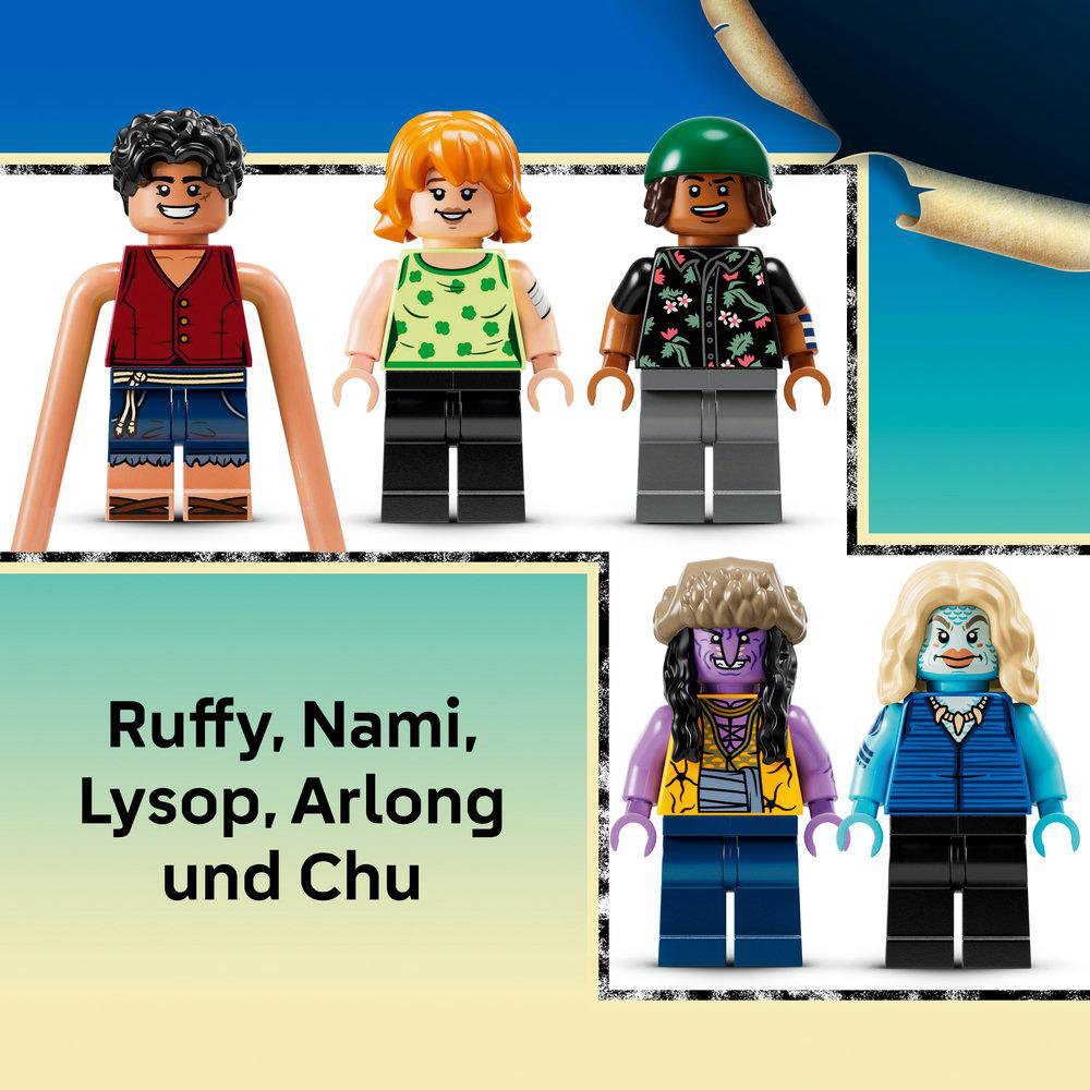 Lego-Figuren: Ruffy, Nami, Lysop, Arlong und Chu. Ruffy in roter Weste, Nami in grünem Oberteil. Andere tragen Hüte und haben einzigartige Designs.