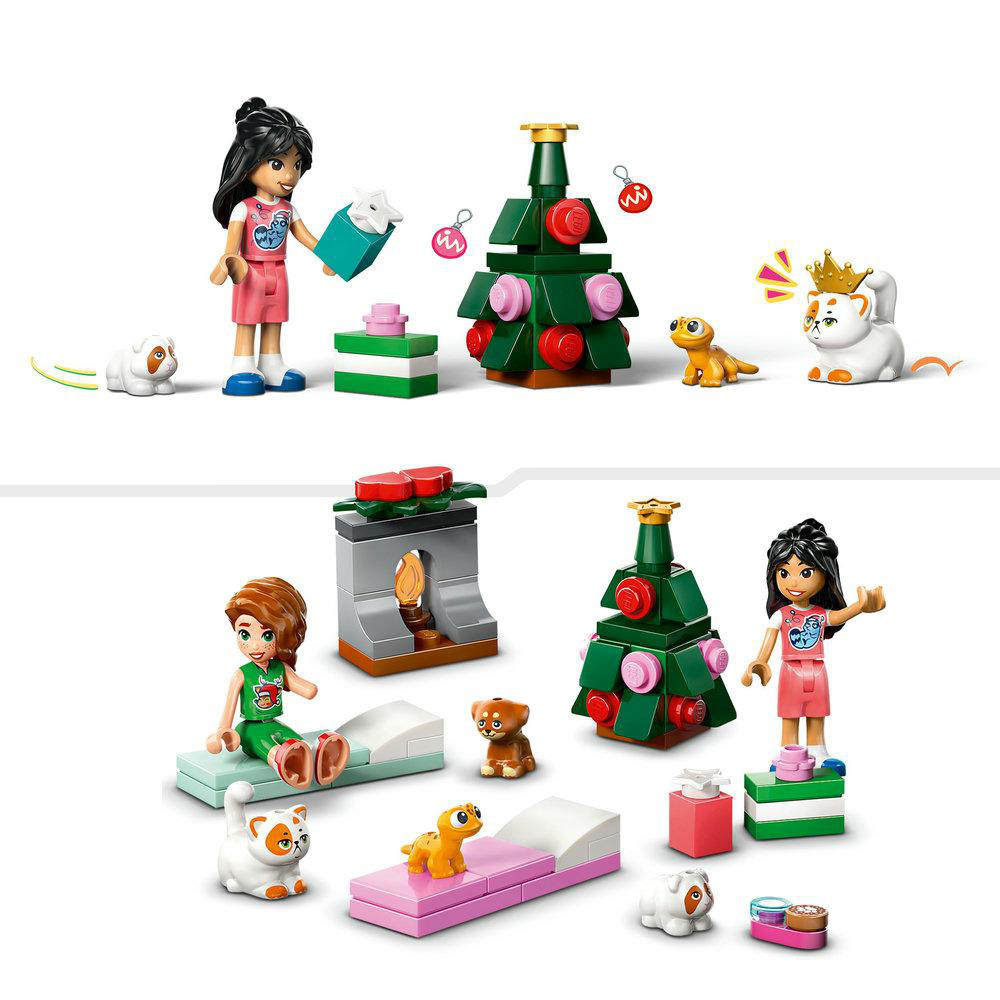 Lego Friends Set mit Figuren, Tieren, Weihnachtsbäumen und Geschenken. Verschiedene Szenen mit unterschiedlichen Anordnungen auf weißem Hintergrund.
