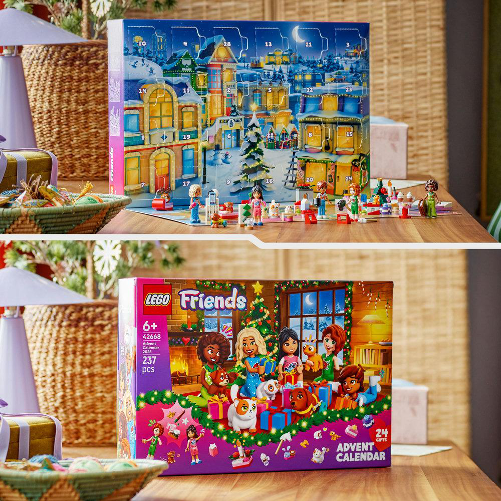 Zwei LEGO Friends Adventskalender. Der obere ist geöffnet und zeigt eine Winterdorf-Szene. Der untere zeigt die Kalenderbox.