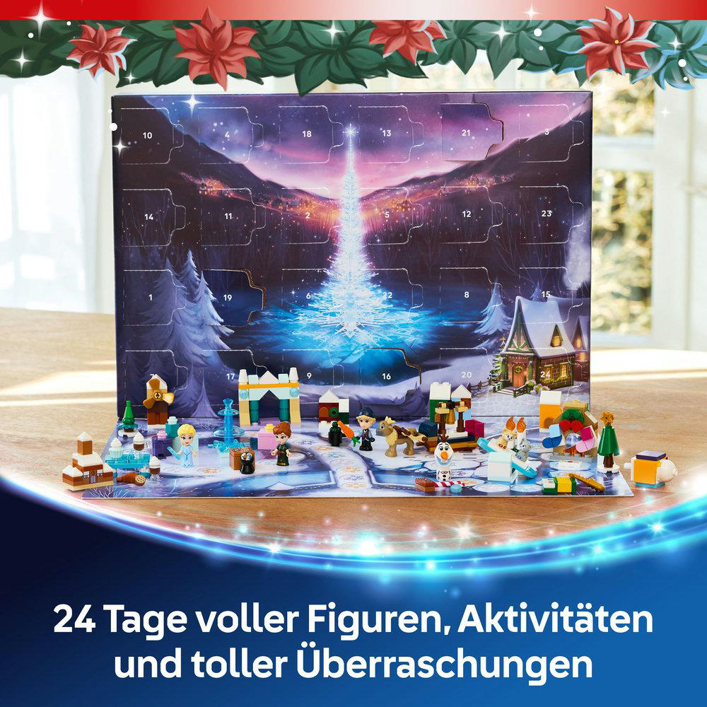 Ein Adventskalender mit Frozen-Charakteren. Der Hintergrund zeigt eine Winterlandschaft, der Vordergrund kleine Spielfiguren.