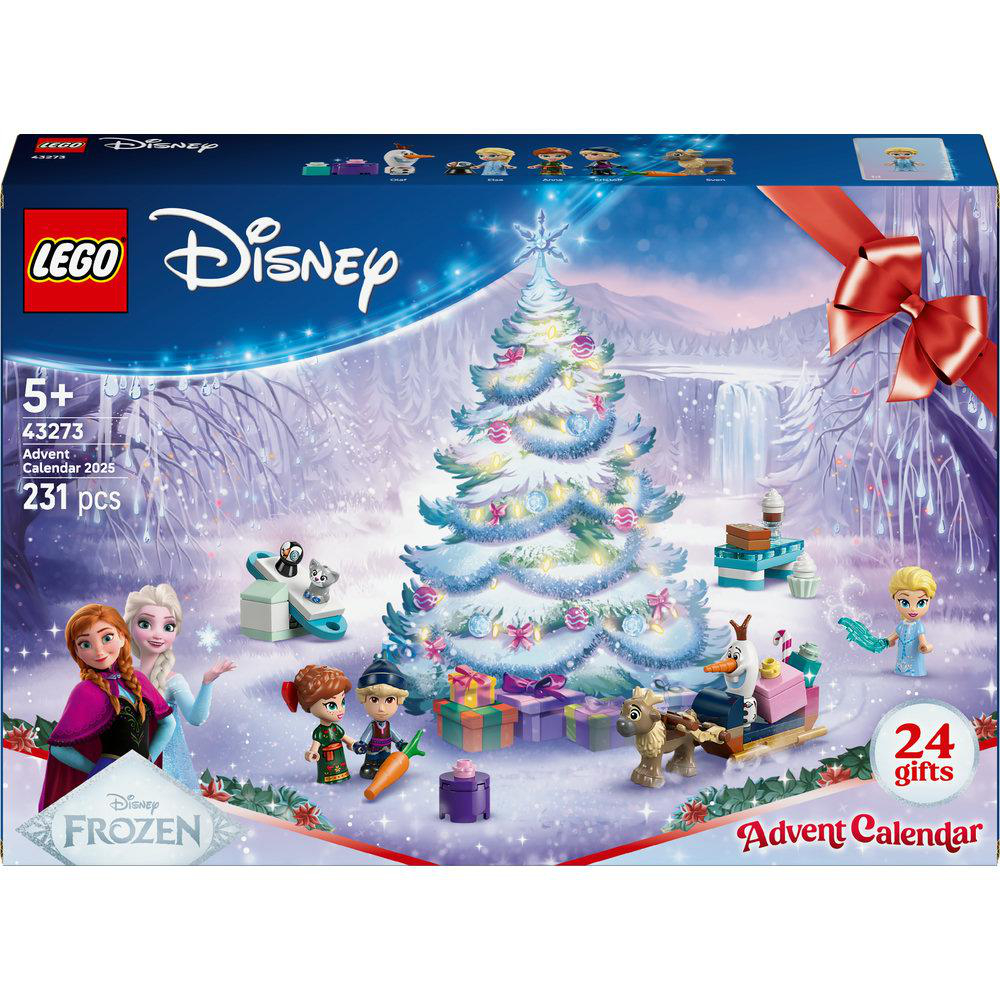 LEGO Disney Frozen Adventskalender-Box. Dargestellte Charaktere und Szenen umfassen Anna, Elsa, Olaf, Sven und andere Frozen-Elemente.