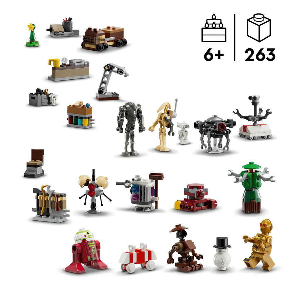 Verschiedene LEGO Star Wars Modelle, darunter Figuren und Fahrzeuge, sind auf einer weißen Oberfläche angeordnet. Das Set ist für Kinder ab 6 Jahren und hat 263 Teile.