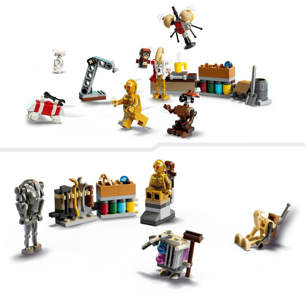 Lego Star Wars Set mit verschiedenen Minifiguren und Bauelementen auf weißem Hintergrund.