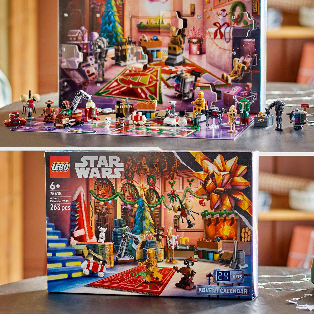 Ein Star Wars LEGO Adventskalender. Oben ist eine Szene mit LEGO-Charakteren abgebildet. Unten ist die Kalenderbox mit Star Wars-Branding.