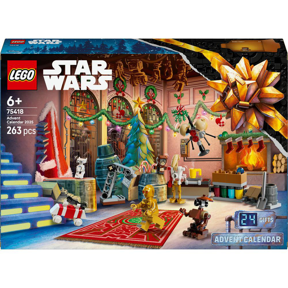 Lego Star Wars Adventskalender-Box. Mit Lego-Charakteren, Weihnachtsdekorationen und einem Weihnachtsbaum.
