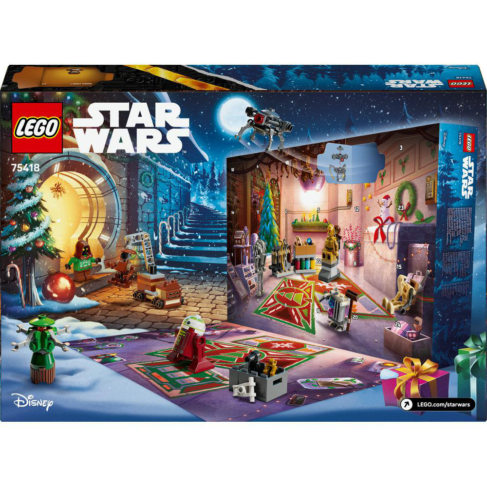 Lego Star Wars Adventskalender-Box. Enthält verschiedene Minifiguren und Szenen. Weihnachtliches Thema mit Schnee. Disney-Logo vorhanden.