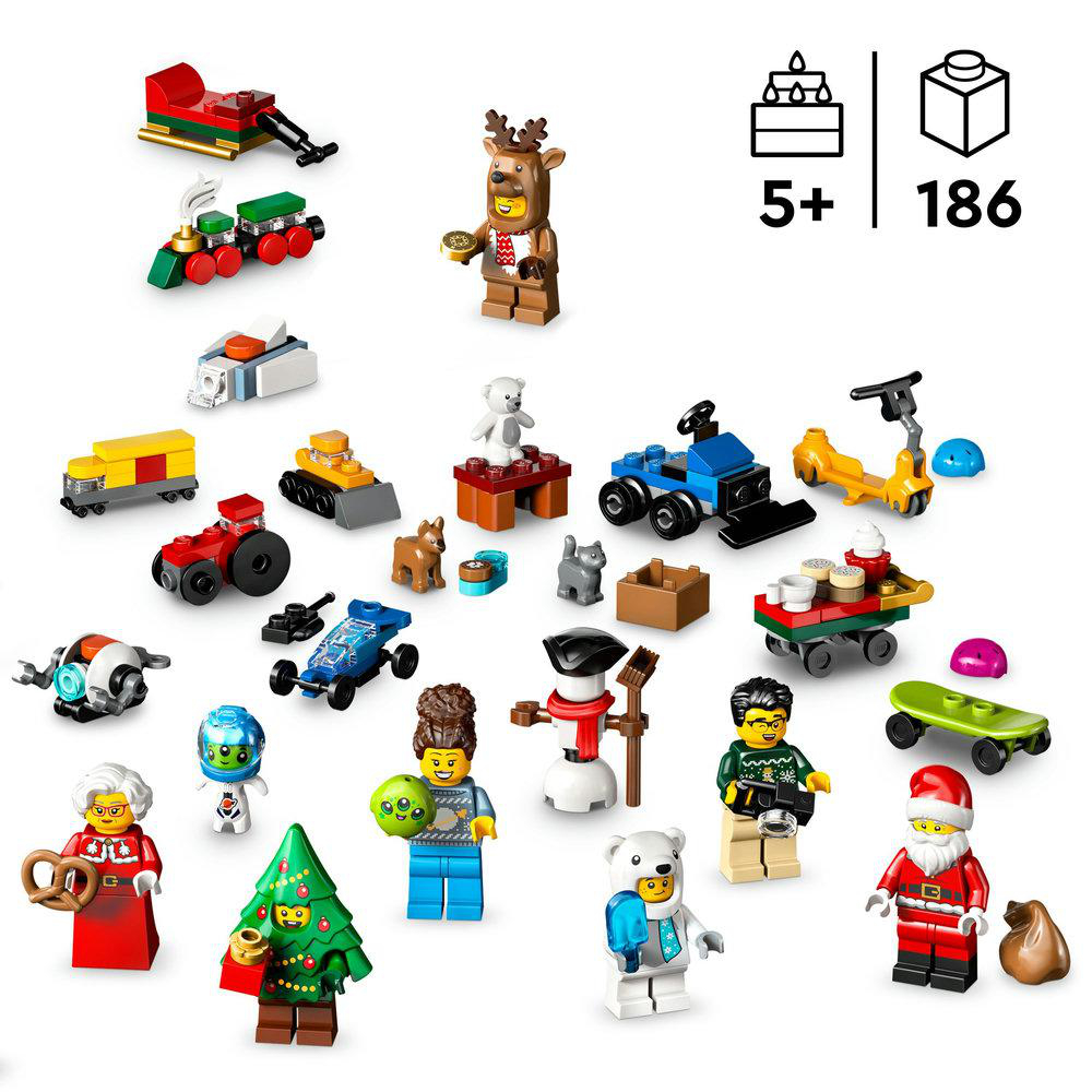 Eine Sammlung von Lego-Weihnachtsfiguren und -Fahrzeugen, darunter Weihnachtsmann, Rentier und Schneemann, mit 5+ Jahren und 186 Teilen.