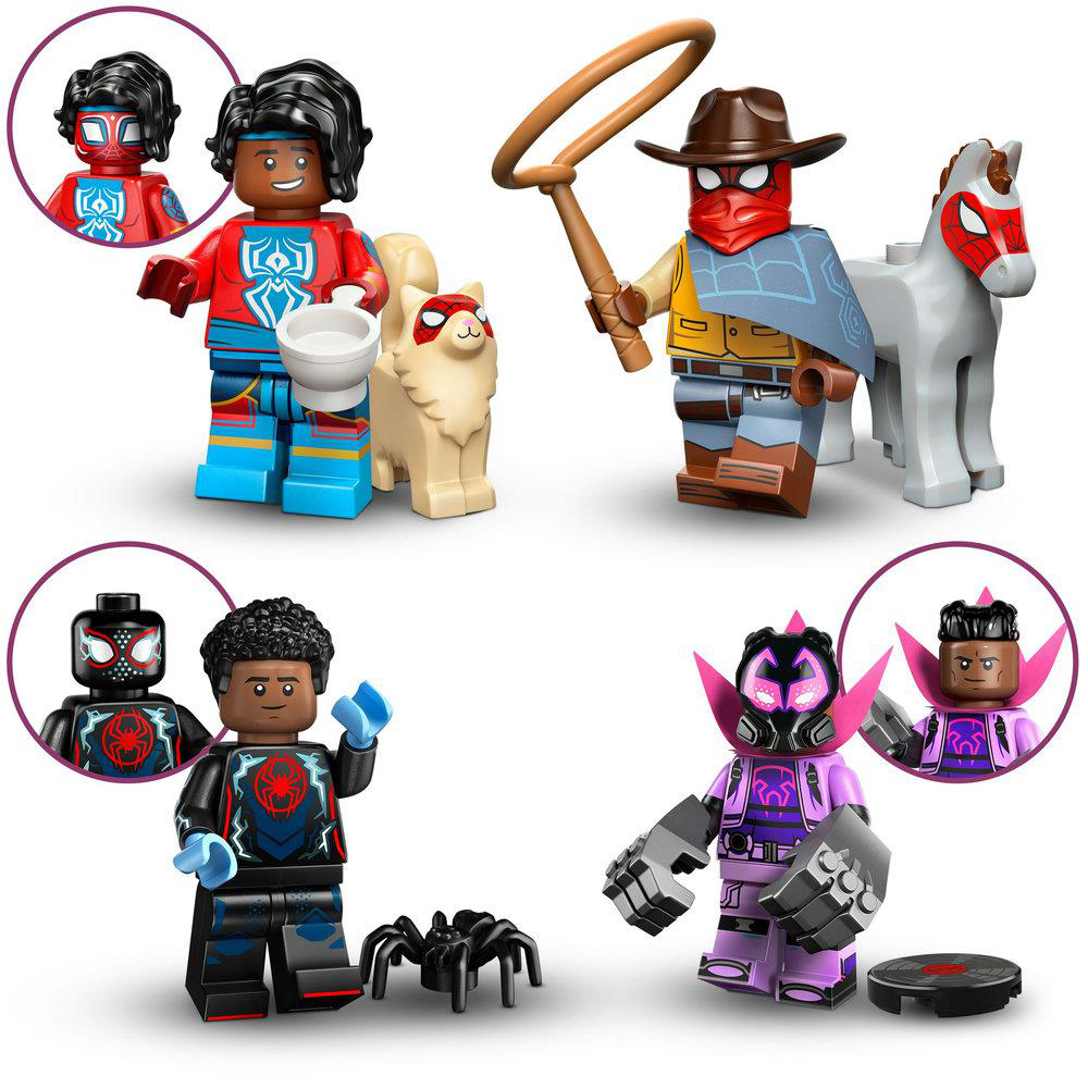 Lego-Set mit Superhelden- und Cowboy-Figuren. Enthält ein Pferd, eine Katze und eine Spinne. Figuren haben einzigartige Masken und Kostüme.