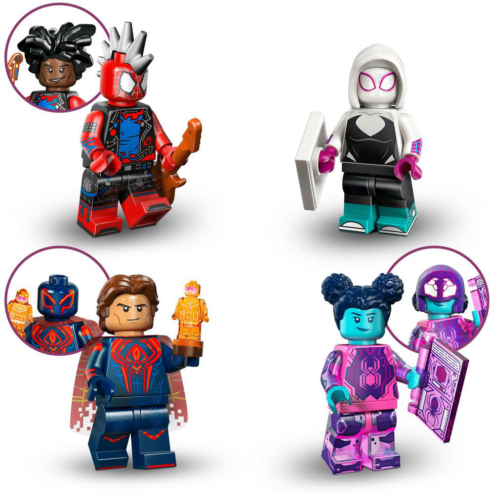 Vier Lego-Figuren von Spider-Man-Charakteren: Spider-Man mit Gitarre, Spider-Gwen, Spider-Man mit kleiner Statue und eine lila-rosa Figur.