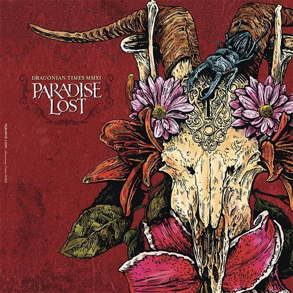 Albumcover von Paradise Lost. Ein Schädel mit Hörnern, Blumen und einem Käfer auf rotem Hintergrund.