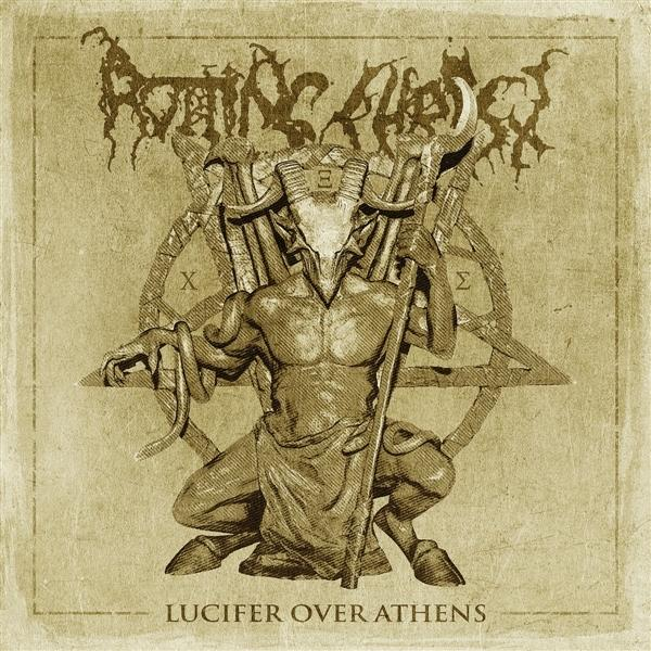 Die Illustration zeigt eine gehörnte Figur mit einem Stab, einem Pentagramm und dem Text "Lucifer Over Athens".