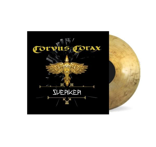 Albumcover. Schwarzer Hintergrund mit goldenem Vogel-Emblem und Text 'Corvus Corax'. Vinyl-Schallplatte ist sichtbar, gold und schwarz.