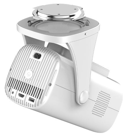 Biały projektor ze srebrną okrągłą częścią na górze. Ma żebrowany tylny panel z portami i przyciskiem zasilania oraz głośnik.