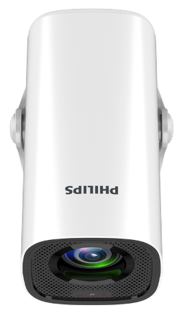 Biały projektor Philips. Z przodu obiektyw i widoczne logo marki.