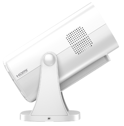 Biały, cylindryczny projektor ze stojakiem. Ma etykietę HDMI z boku i perforowany obszar głośnika.