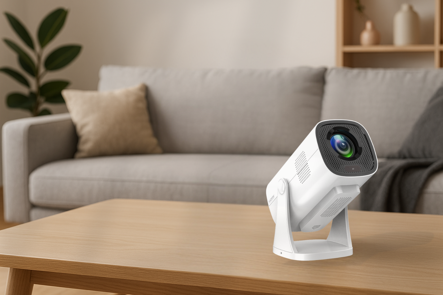 Biały projektor na drewnianym stole. Sofa i roślina w tle. Nowoczesny salon. Neutralna kolorystyka.