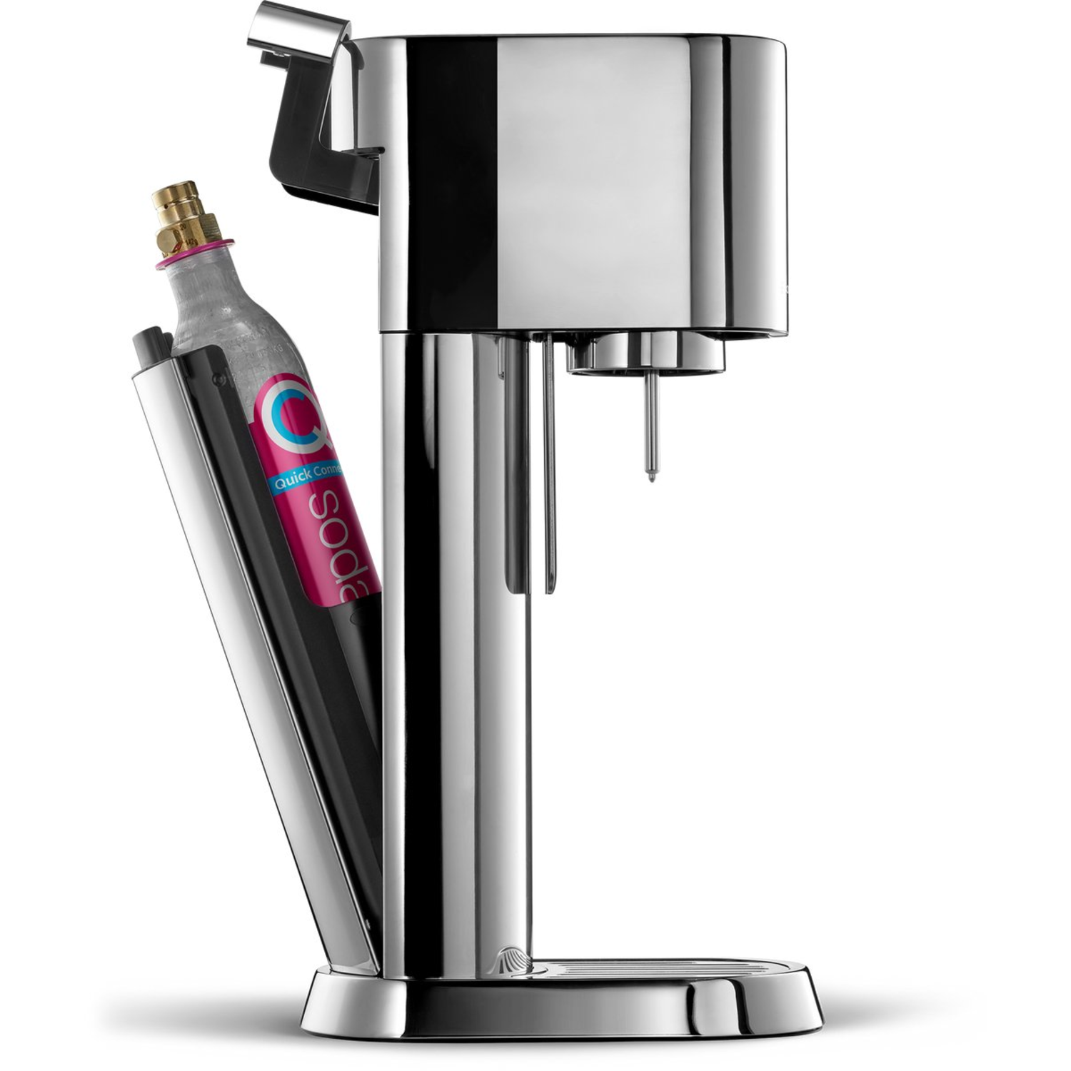 A chrome soda maker with a CO2 cylinder. The cylinder is pink and gray with soda branding. The background is white.