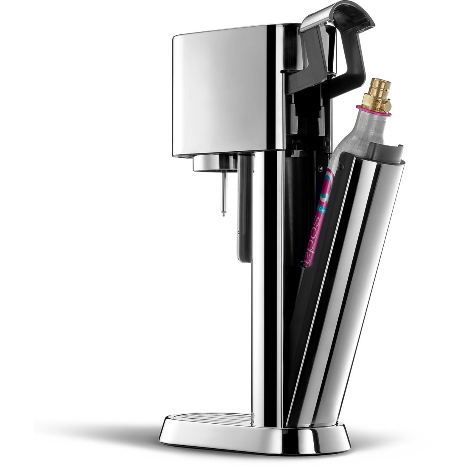A chrome soda maker with a gas cylinder. The machine is on a white background. The cylinder is in a holder on the right side.