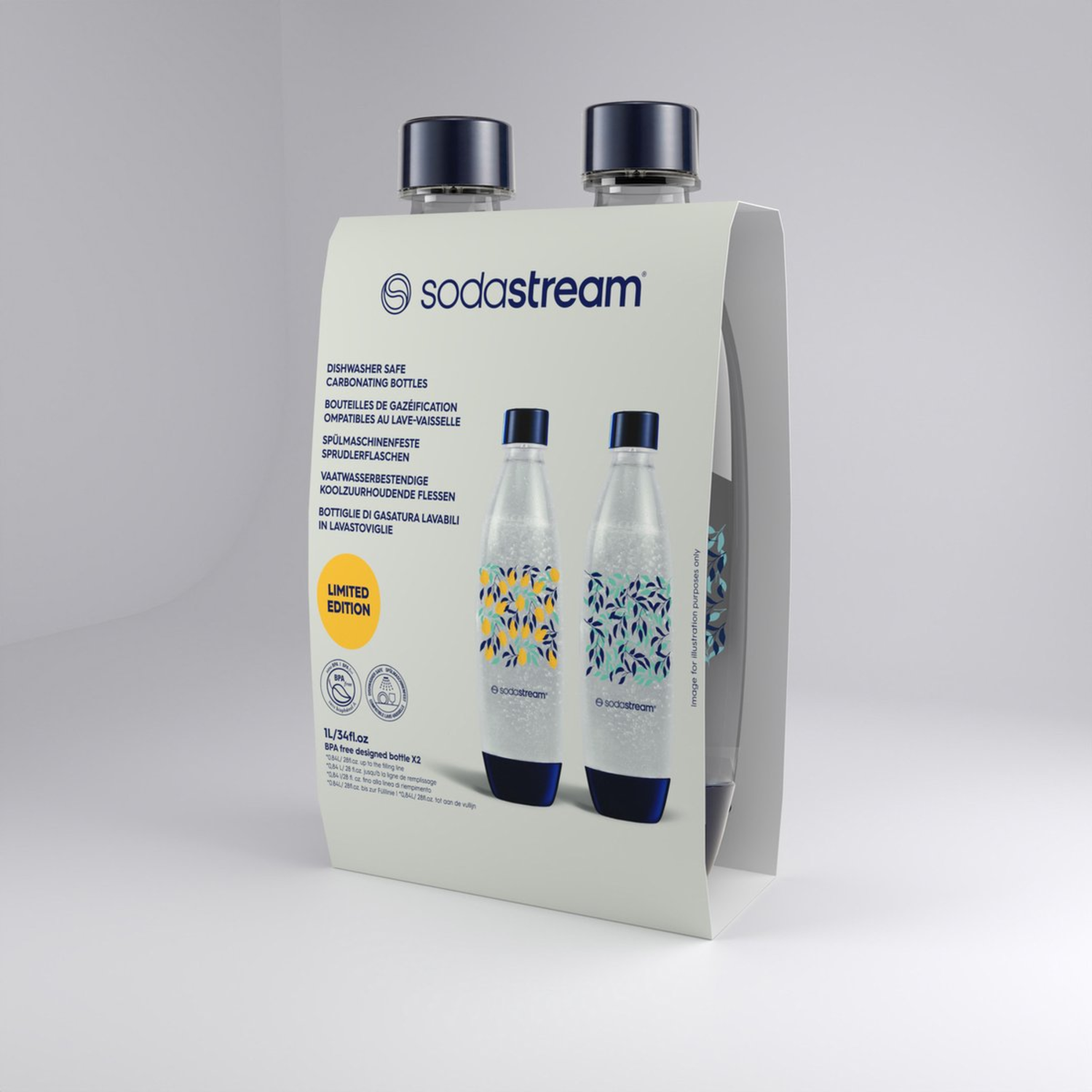 Two SodaStream bottles in a package. They are clear with blue caps and decorative patterns. The package has text and a logo.