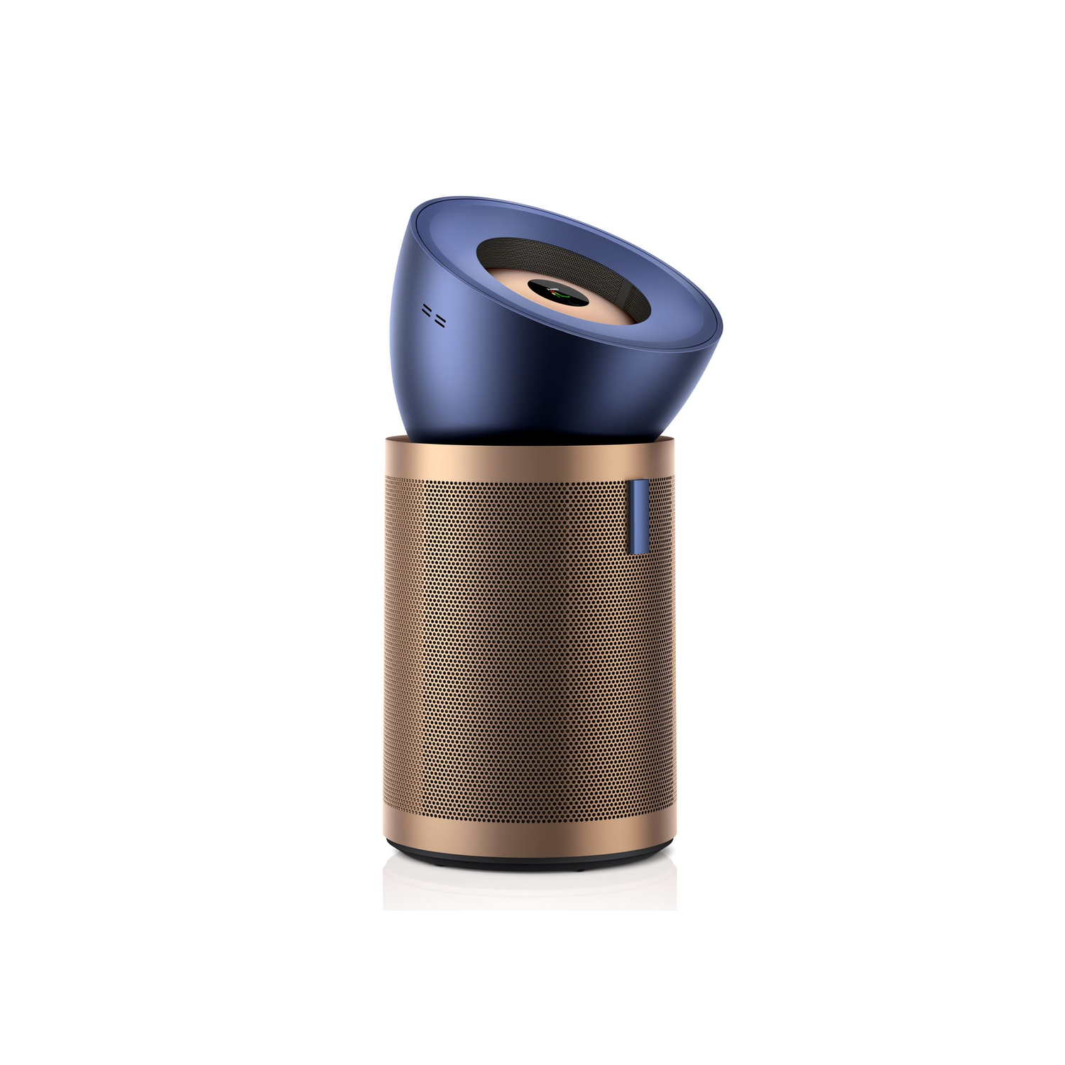 Een moderne speaker met een blauwe bovenkant en een goudkleurige, geperforeerde basis. Op witte achtergrond.