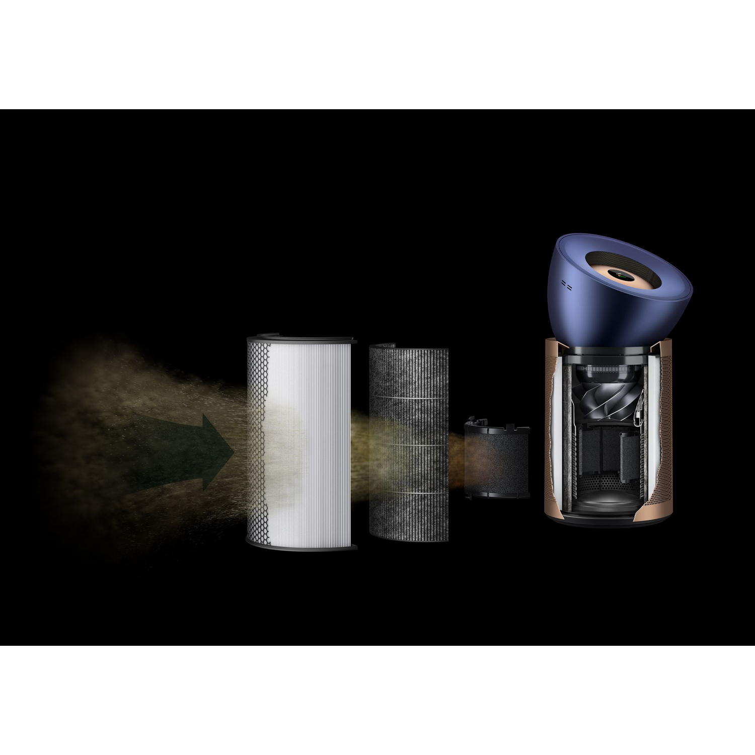 Luchtreinigeronderdelen geïsoleerd op zwarte achtergrond. De luchtreiniger toont een doorsnede, met filters en luchtstroom.