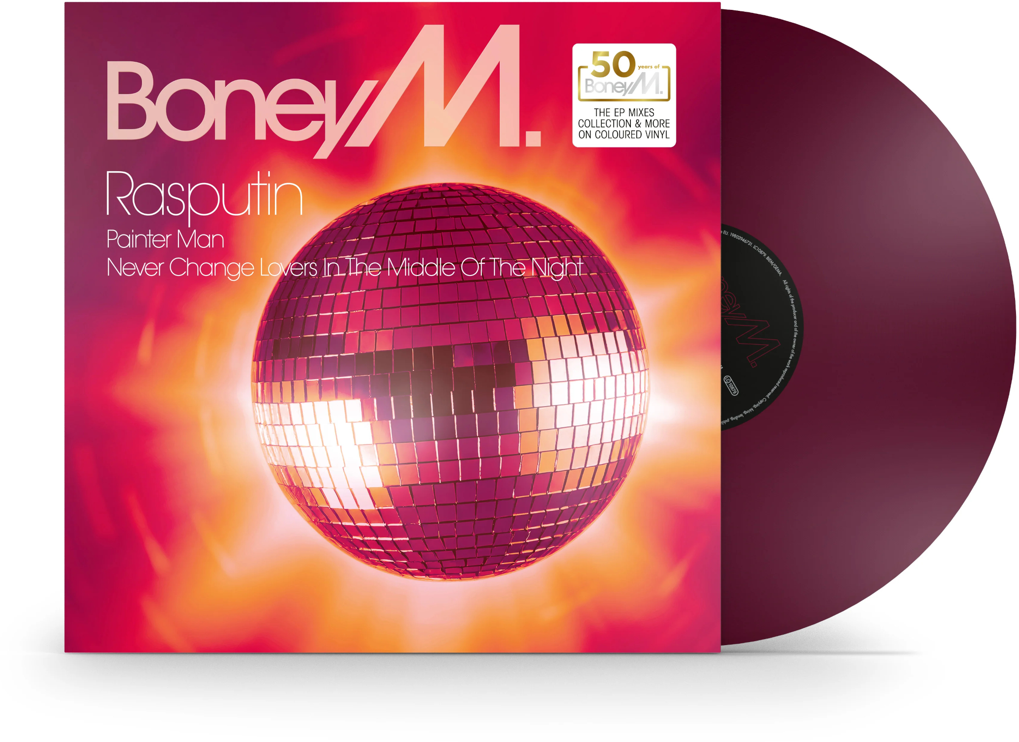 A Boney M Rasputin című albumának borítója. Egy diszkógömb, szöveg és egy bakelit lemez látható. A háttér piros és narancssárga.