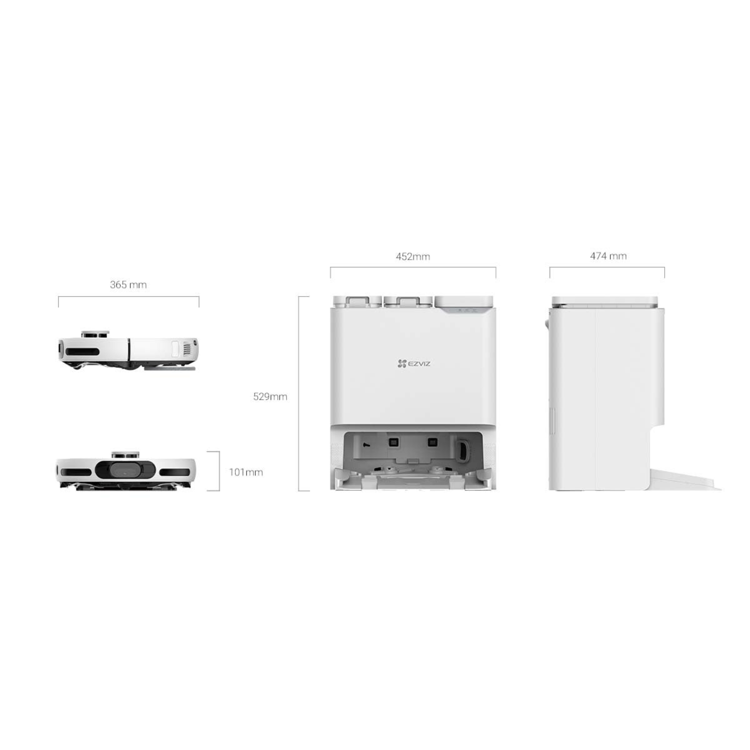 Afbeelding toont een witte robotstofzuiger en het oplaadstation. Afmetingen worden weergegeven in millimeters. EZVIZ logo zichtbaar.