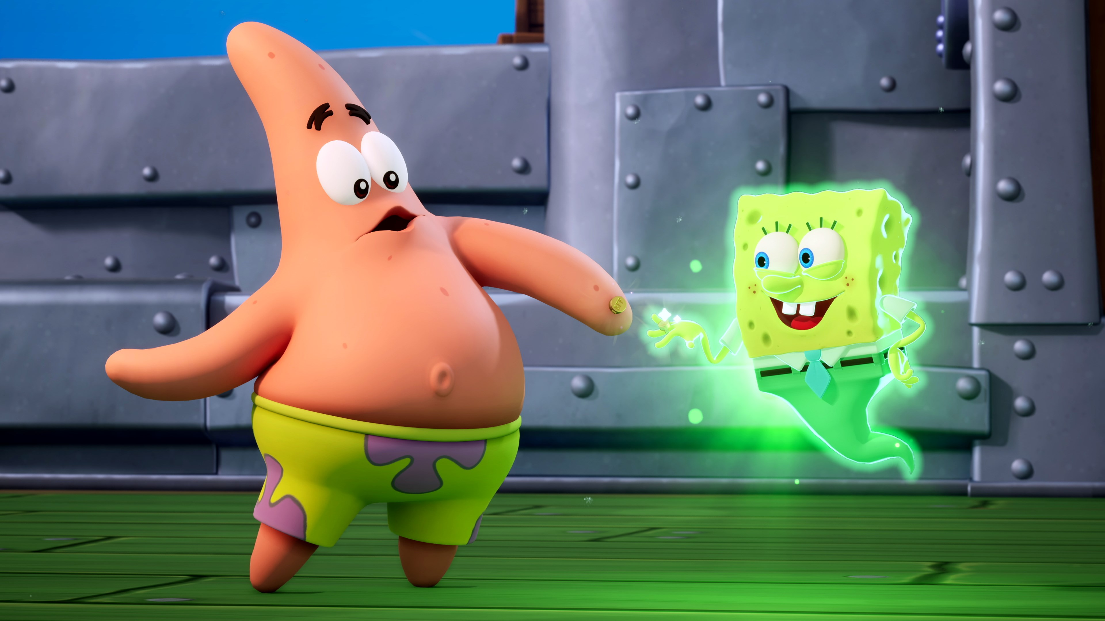 Patrick Étoile a l'air effrayé par un Bob l'éponge brillant, qui est sous forme de fantôme. Le fond est métallique.