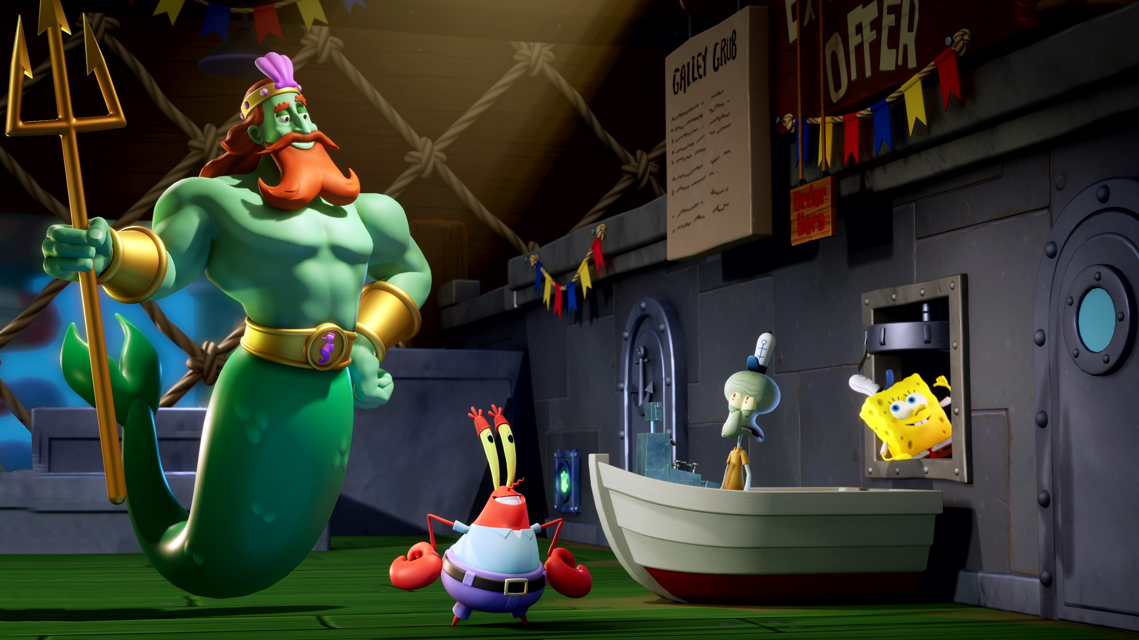 Neptune, M. Krabs, Carlo et Bob l'éponge dans une scène. Neptune tient un trident. Le panneau Galley Grub est visible.