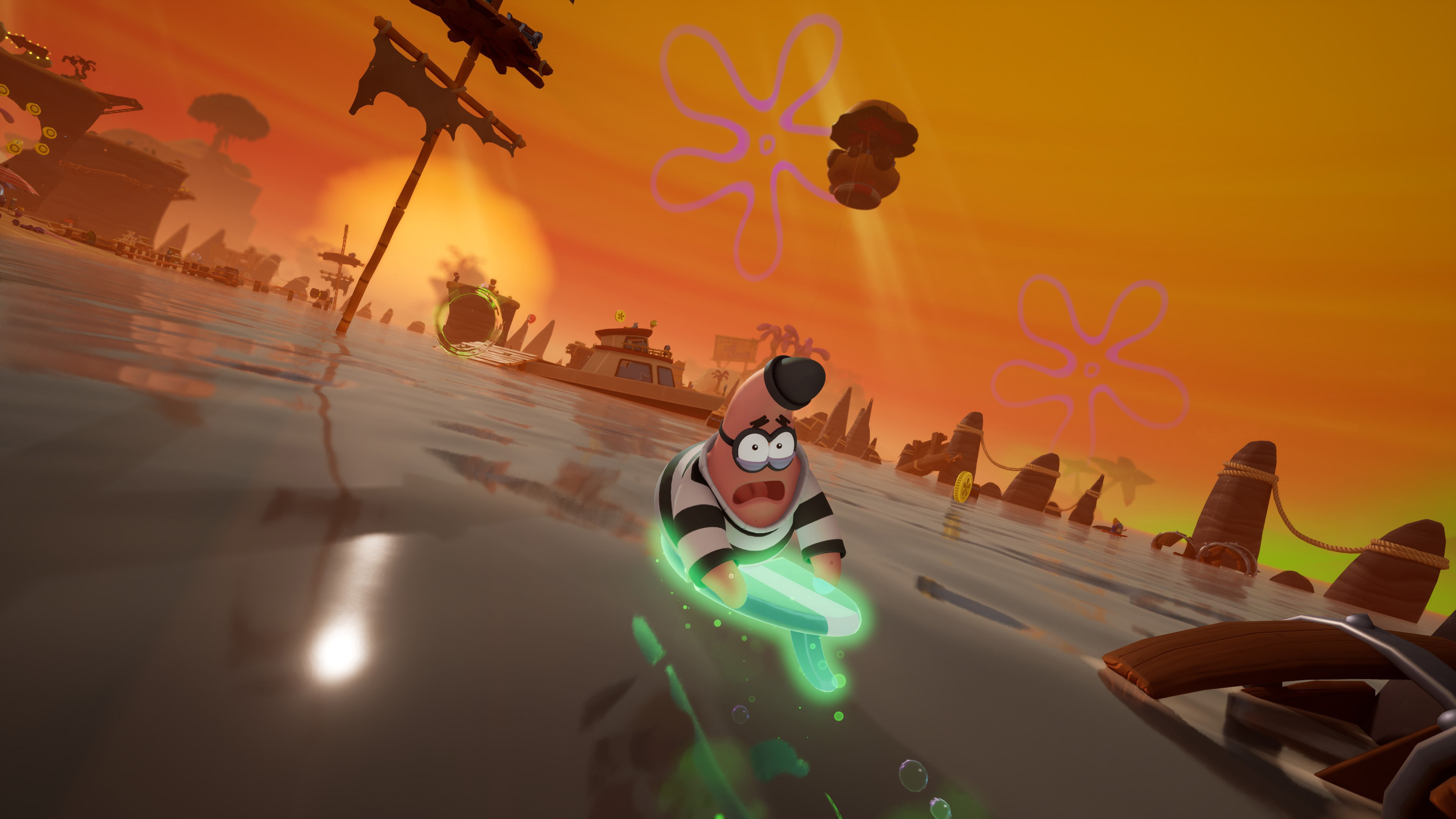 Patrick Star surfe sur une planche lumineuse, avec un regard inquiet, dans un environnement aquatique avec des éléments surréalistes.