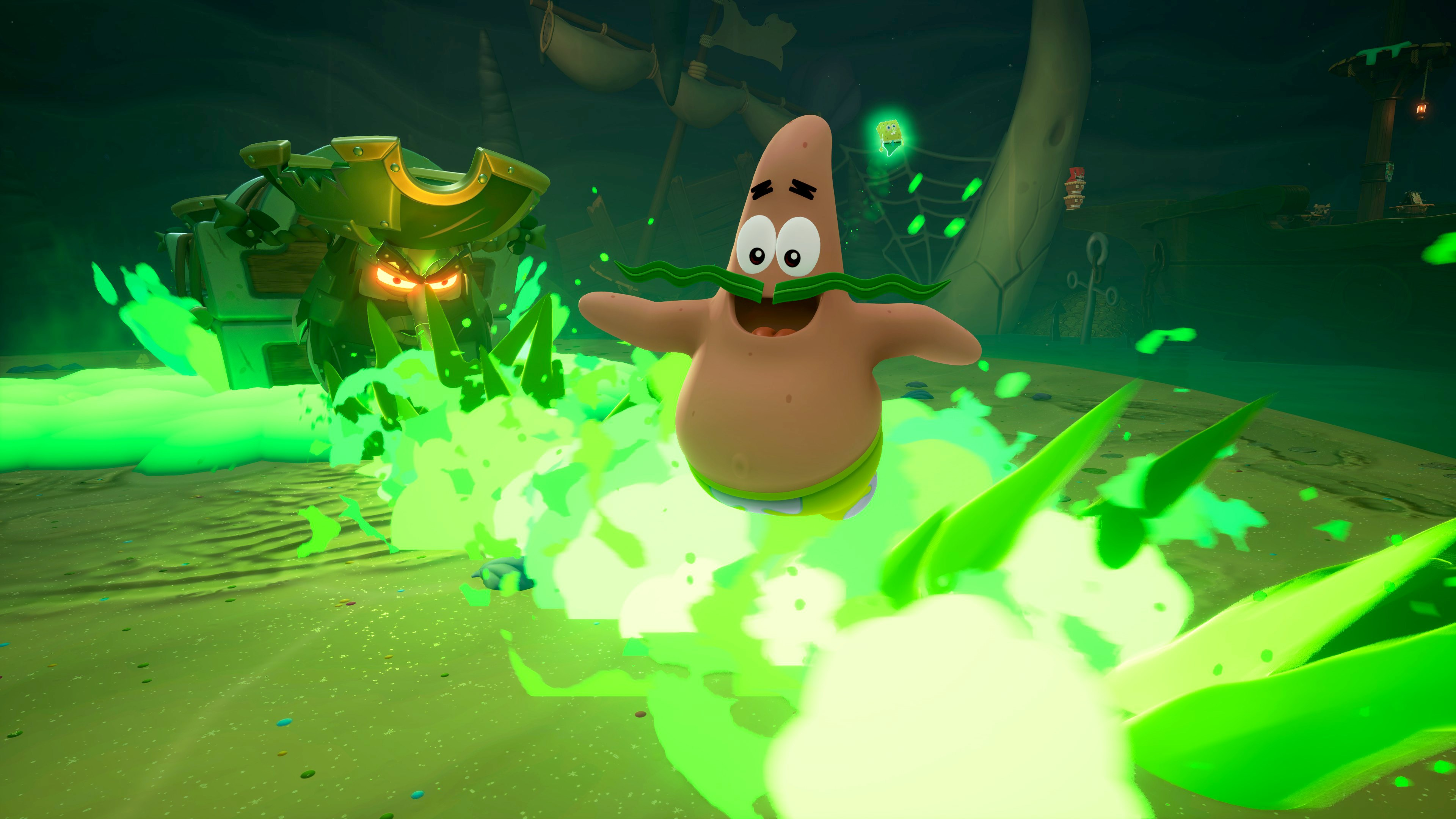 Patrick Étoile avec une moustache verte et un fantôme vert de Bob l'éponge dans un environnement vert, face à un monstre vert.