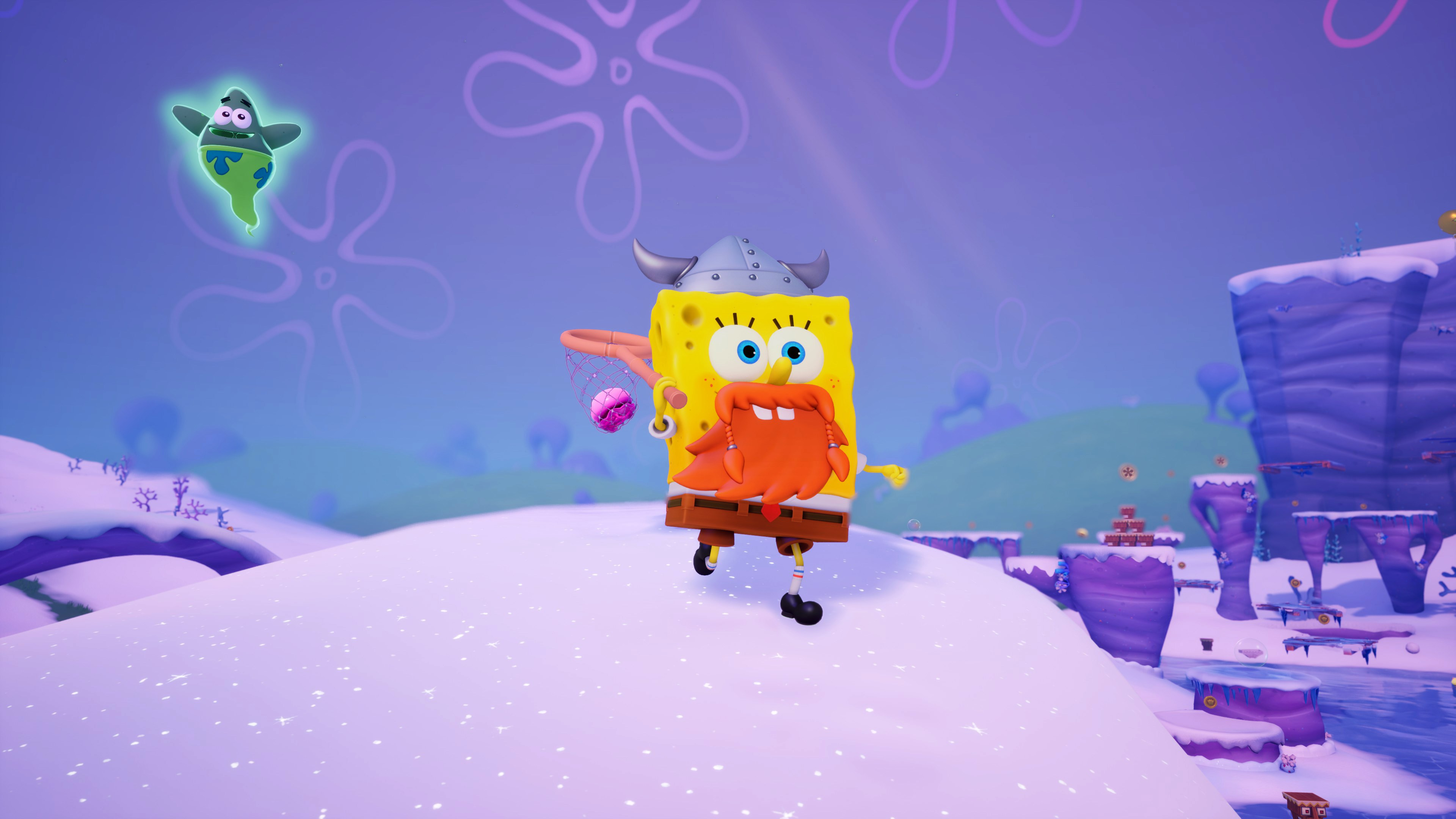Bob l'éponge avec un casque viking et une barbe orange, tenant un filet. Patrick est un fantôme. Paysage enneigé avec des accents violets.