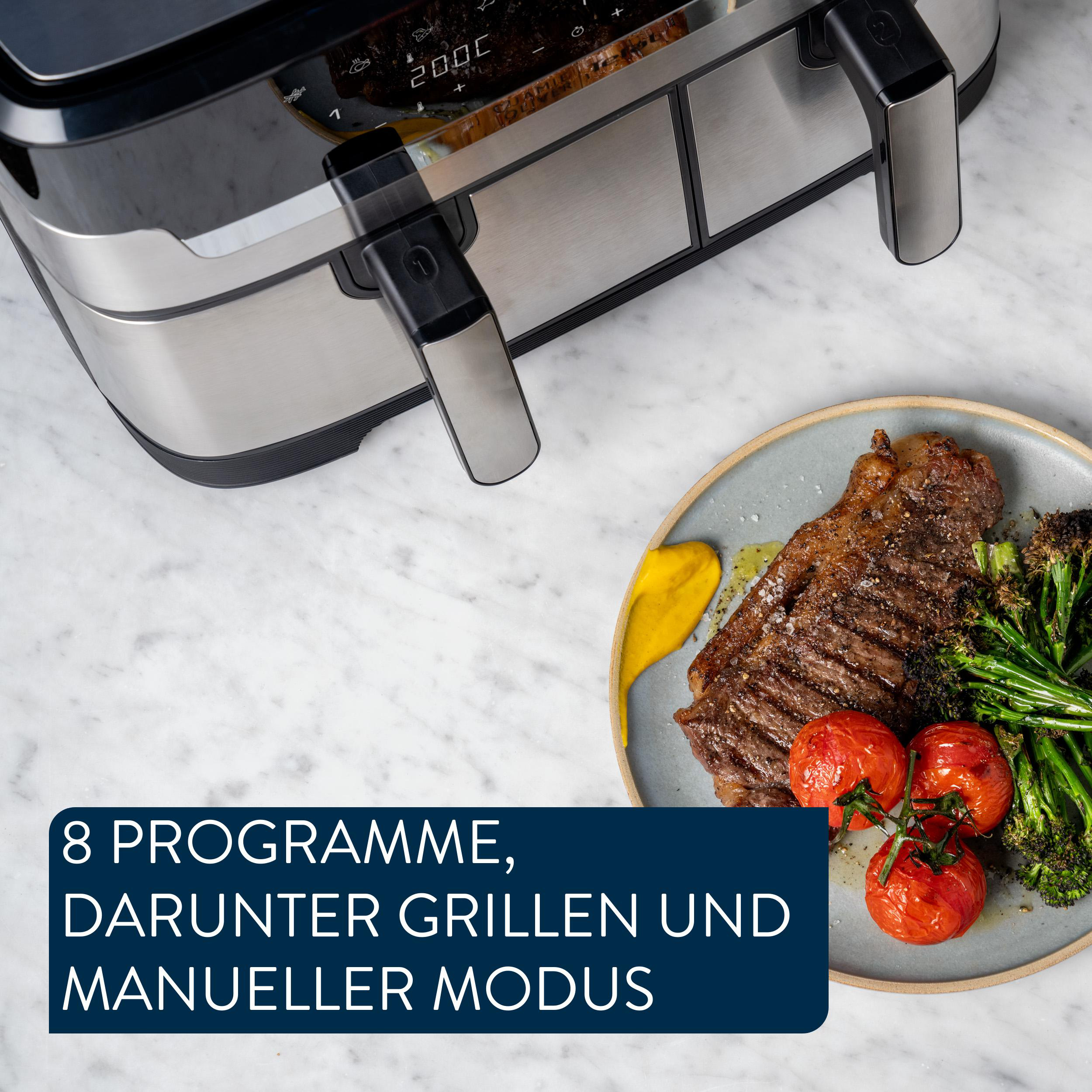 Eine Heißluftfritteuse mit Steak, Tomaten und Brokkoli auf einem Teller. Text: 8 Programme, darunter Grillen und manueller Modus.