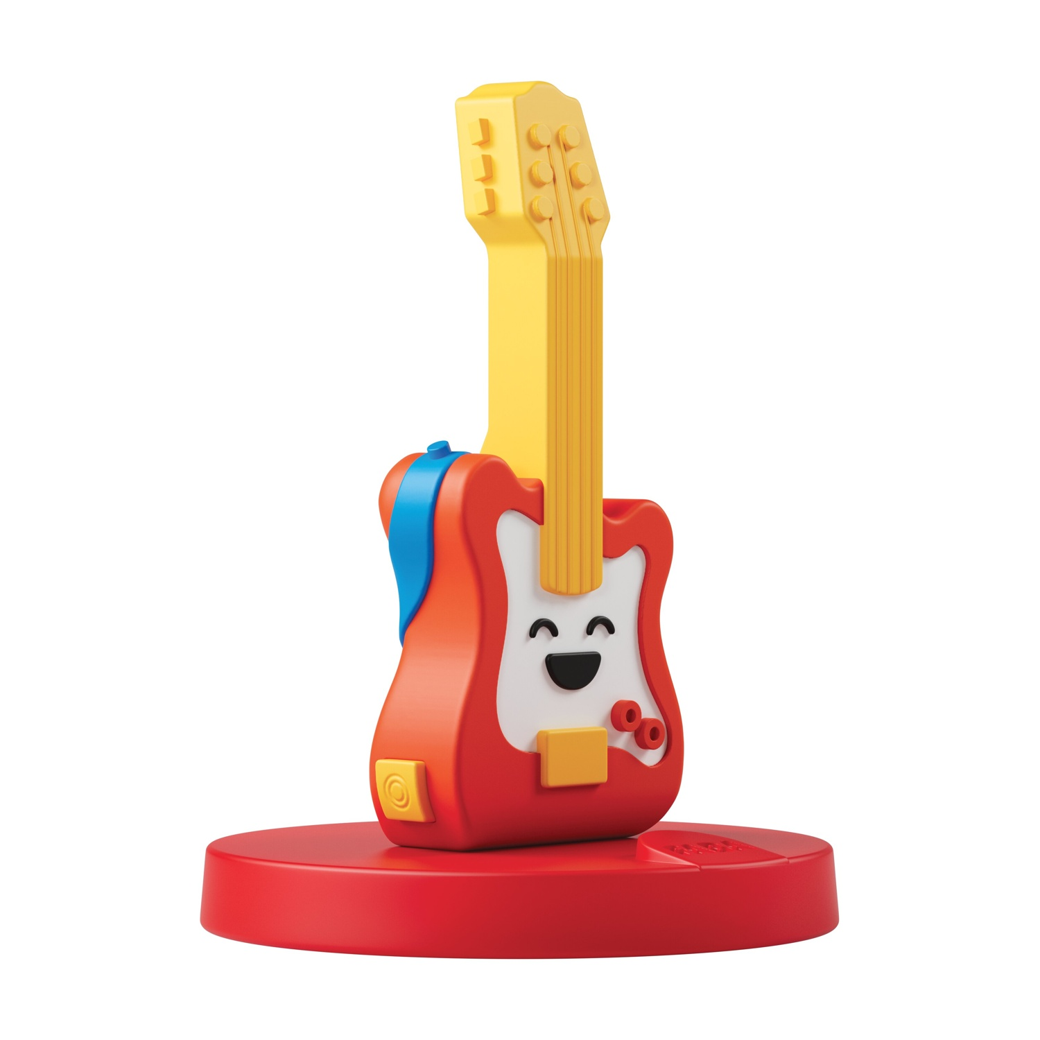 Una chitarra giocattolo con corpo rosso, manico e paletta gialli. Ha una faccia sorridente e poggia su una base rossa.