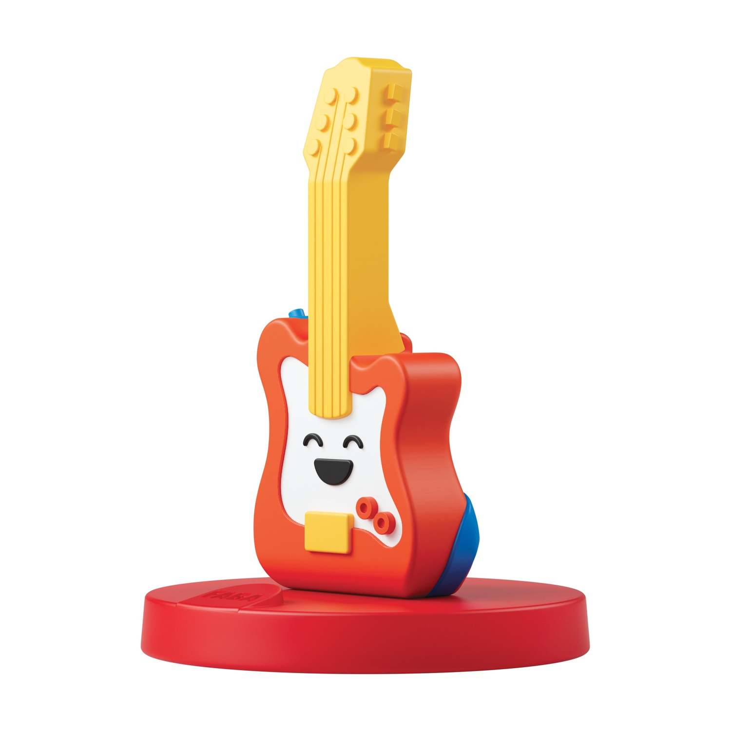 Una chitarra cartoon con una faccia sorridente. Ha un corpo rosso, manico giallo e poggia su una base rossa.