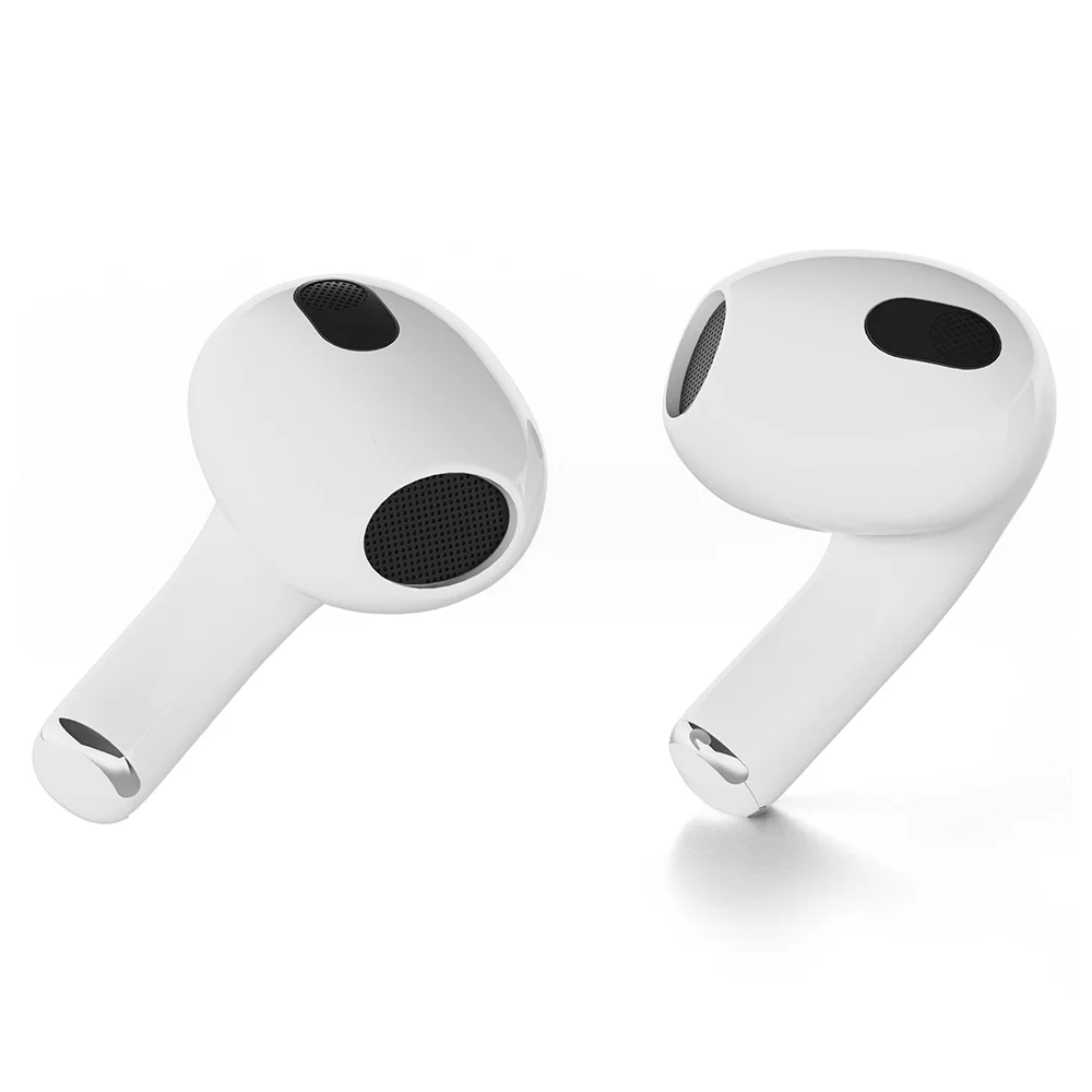 Két fehér AirPods fehér háttéren. Mindegyik kerek fejjel rendelkezik, fekete hangszóróval és ezüst végű szárral.