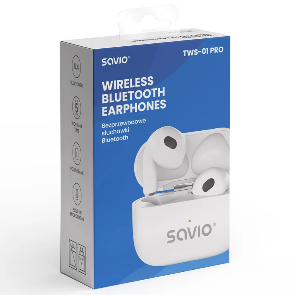 Fehér Savio vezeték nélküli Bluetooth fülhallgató dobozban. A dobozon a szöveg a "Wireless Bluetooth Earphones" és a "TWS-01 PRO".