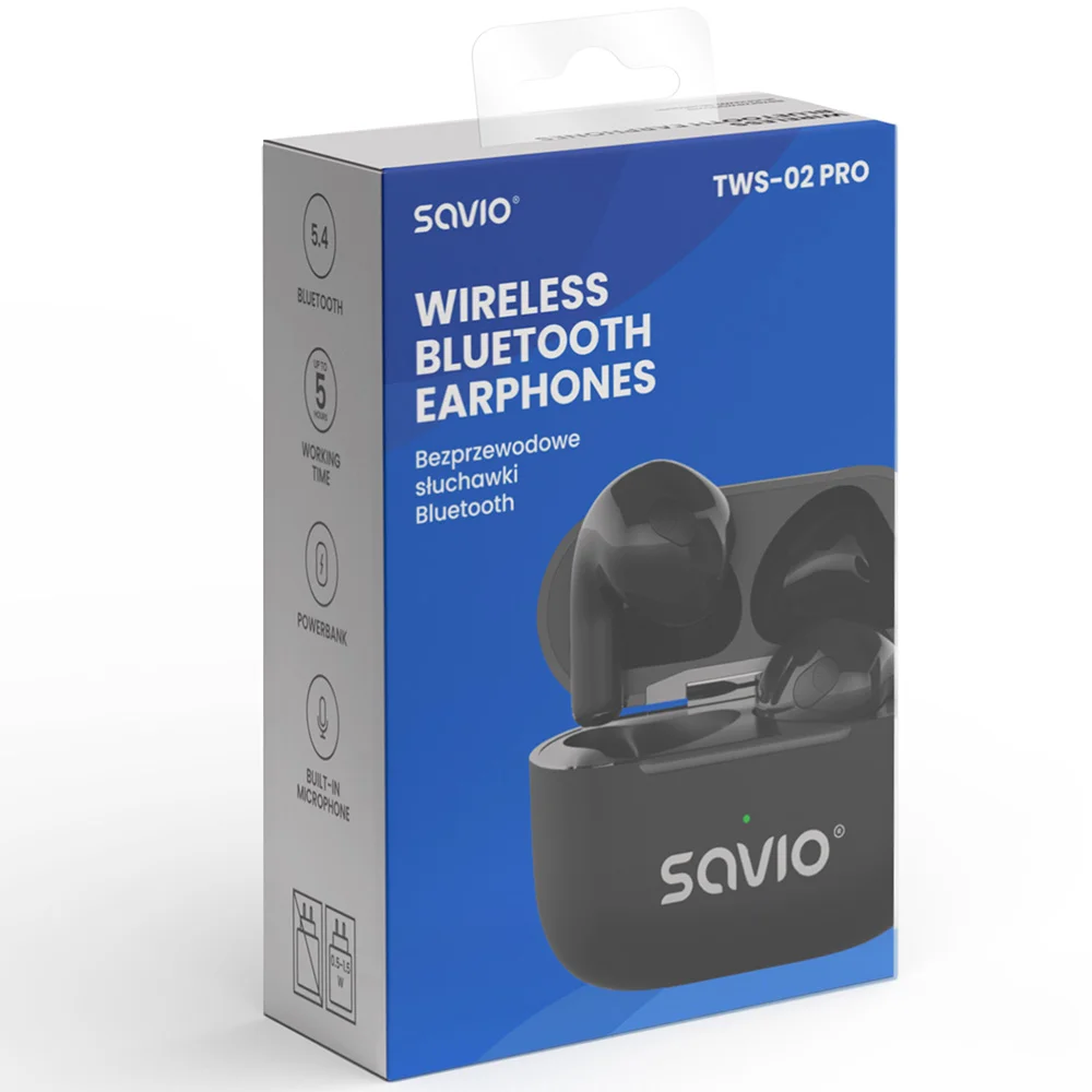 Savio vezeték nélküli Bluetooth fülhallgató doboza. Fekete fülhallgatók a töltőtokban. Szöveg: 'Wireless Bluetooth Earphones' és 'Savio'.