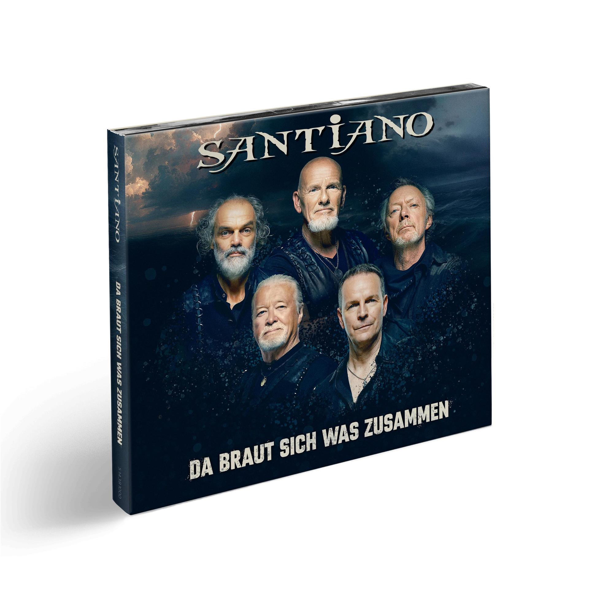 CD-Cover mit fünf Männern, Band Santiano. Dunkelblauer Hintergrund. Text: Santiano, Da Braut Sich Was Zusammen.